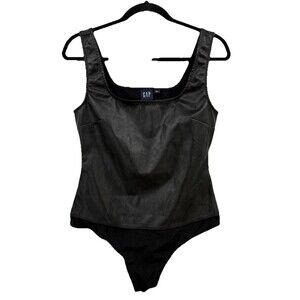 Gap Black Vegan Faux Leather Thong Body Suit Size Med Square Neckline